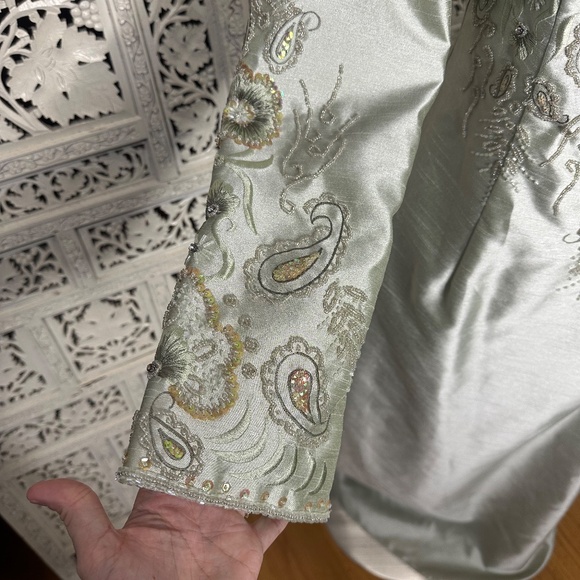 Xscape Light Sage Green Beaded Fairycore Romantic Formal Long Evening Prom Gown - Picture 7 of 8